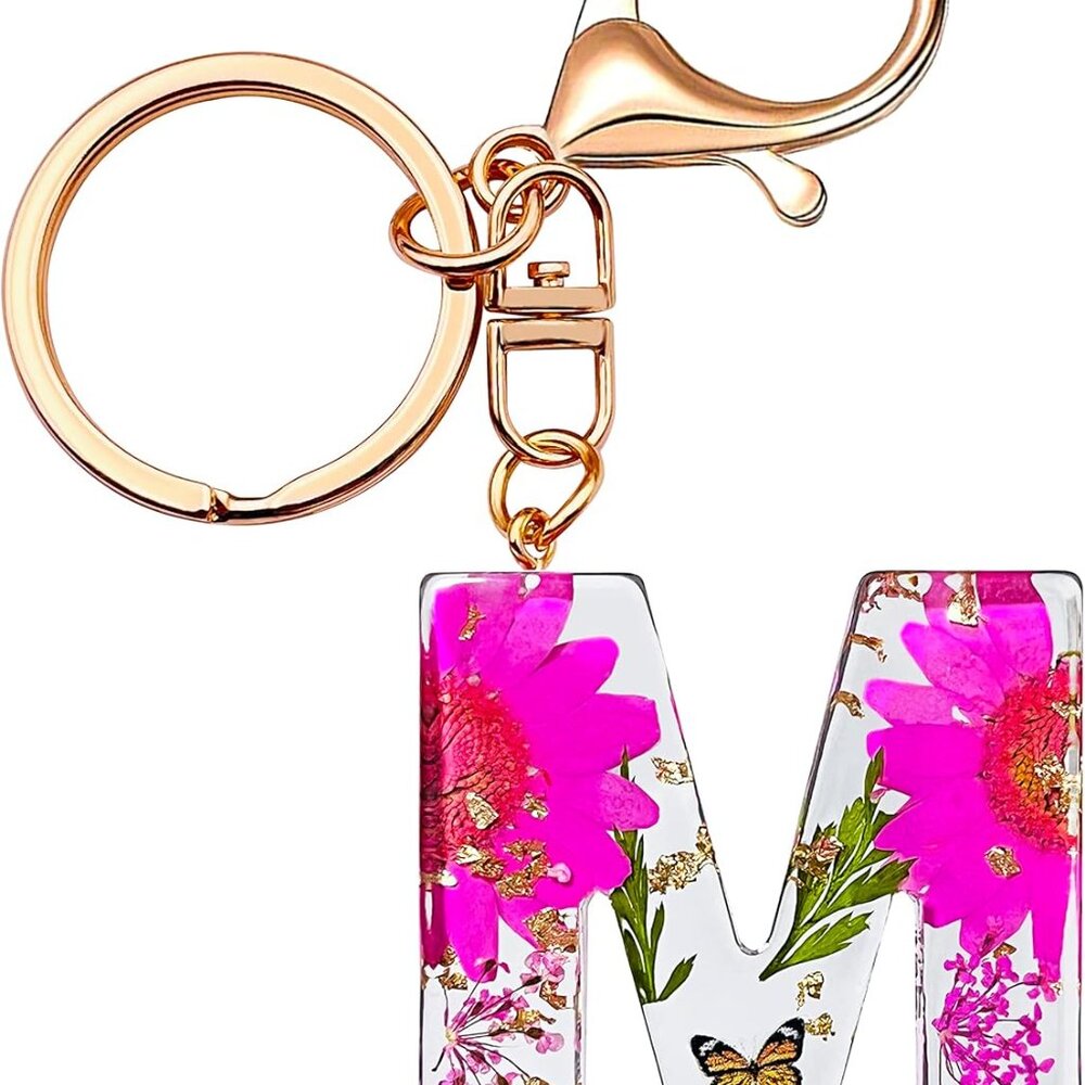 Initial Letter Butterfly Flower Pink Keychain Birthday Gifts For Women Girl Back